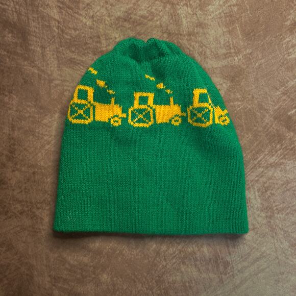 Tractor Print Stocking Cap Beanie Knit Green Yellow One Size Farmer Winter - Picture 1 of 6